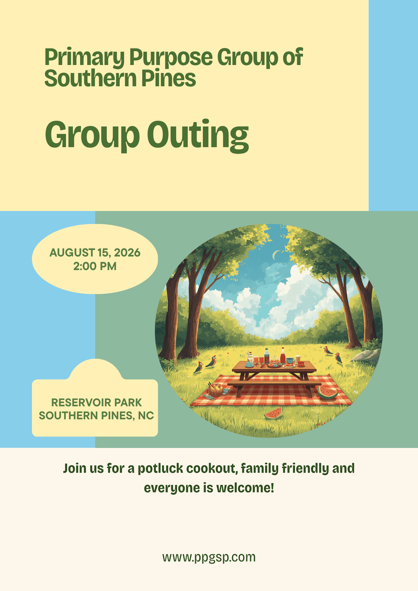 PPG Group Outing flyer: Saturday, August 15, 2026 at 2:00 PM, Reservoir Park, Southern Pines, NC. Potluck cookout, family friendly, everyone welcome.